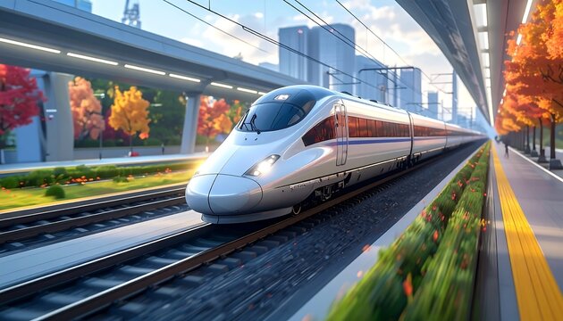 A sleek silver bullet train speeds along a track