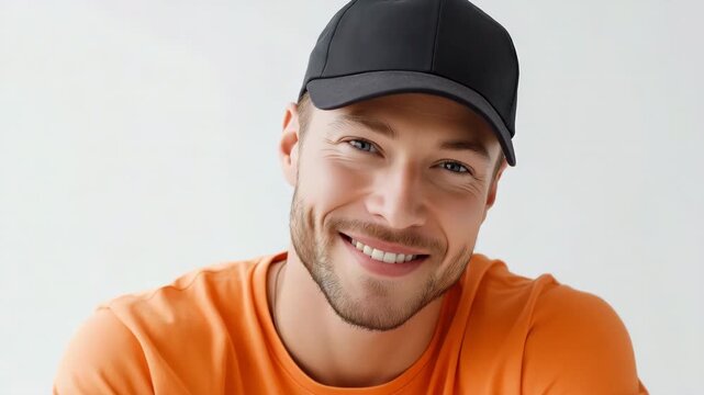 Young caucasian male wearing black cap and orange shirt with neutral expression