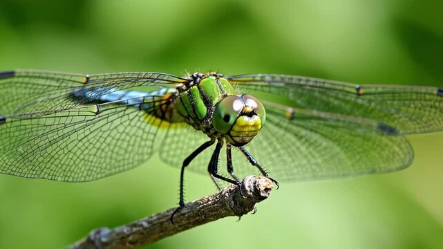 Vibrant dragonfly insect macro closeup nature green wing wildlife branch summer outdoors detail blur bokeh garden tropical wild environmental ecology fragile delicate beautiful color pattern resting