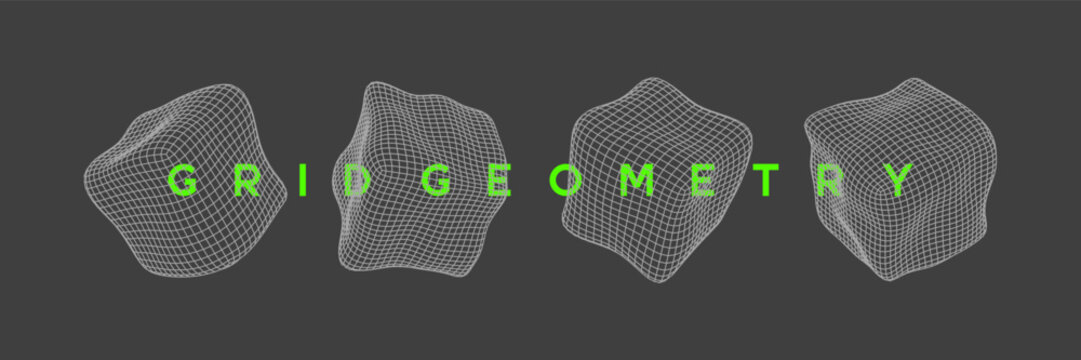Set of distorted wireframe cube shapes with organic, fluid mesh design. Mathematical mesh shapes for futuristic tech design, science and digital projects.