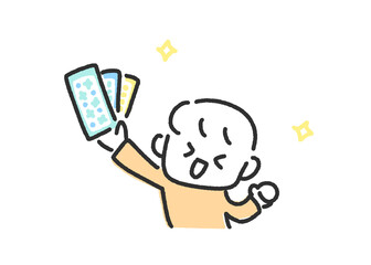 カラフルなシールを手に持って大喜びする笑顔の男の子のかわいい手描きの線画