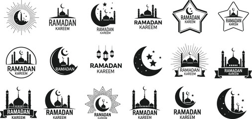 WebRamadan Kareem and Eid Mubarak greeting banner featuring golden lanterns, crescent moon, stars, mosque silhouettes, and Muslim families for Islamic religious holiday celebration background. © Itz Mehedi's World