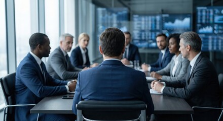 Obraz premium Diverse Group of Professional Business Adults Holding a Strategic Meeting in a High-Tech Corporate Office Boardroom, Team Collaboration and Leadership Concept