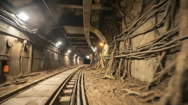 Futuristic green computing with holographic screens concept. Underground railway tunnel with tree roots and railway tracks illuminated by lights