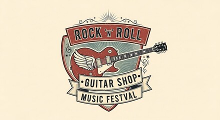 Obraz premium Vintage rock and roll guitar shop emblem for music festival promotions