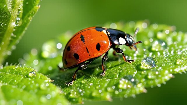 Red insect black spot ladybug macro nature green leaf water drop closeup summer wildlife fresh foliage macro ladybug red beetle green leaf water droplet insect closeup nature photography spring garden