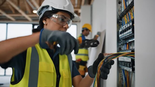 A person in work attire cuts wires near a circuit board, another worker in background