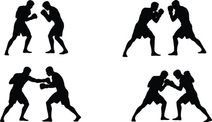 Boxing silhouette fighters collection, sparring, punching, defense, martial art vector, combat sport design, athletic training illustration, competitive fight artwork © Enamul