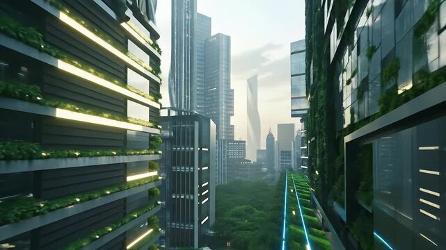 Futuristic green computing with holographic screens concept. Futuristic cityscape with green urban buildings and modern skyscrapers during sunrise