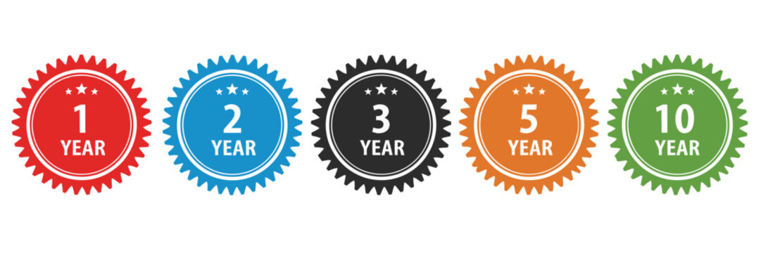 Colorful year badges with numbers one to ten on for anniversary or subscription services