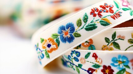 A close-up view of delicately embroidered silk ribbons with vibrant floral patterns, showcasing the intricate craftsmanship and artistic detail.