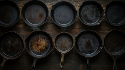An impressive collection of rustic cast iron skillets, featuring their well-loved appearances and signs of previous use, arranged neatly on a dark wooden surface.