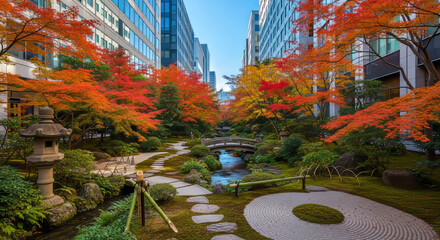 ビルの谷間の紅葉の日本庭園