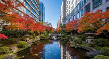 ビルの谷間の紅葉の日本庭園