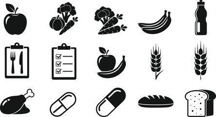 Healthy food and nutrition icons set including vegetables fruits grain bread protein supplements and diet plan cad drawing flat vector illustration © MDMOHOBBAT