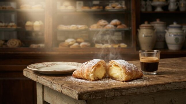 A flaky sfogliatella pastry, featuring a rich custard filling and powdered sugar, freshly prepared on a rustic wooden table in a warm bakery setting, as seen in 20260211_180011.