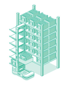 Isometric warehouse storage rack with boxes and automated robotic loader. Outline style. Illustration. Autonomous vertical warehouse robot ACR or CTU for storage and retrieval system.