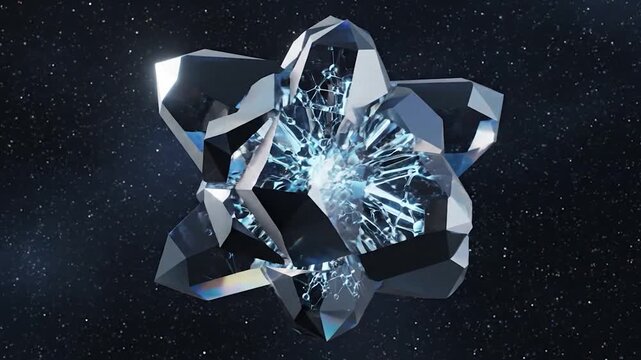 A futuristic geometric crystal object with a glowing energy core floats in