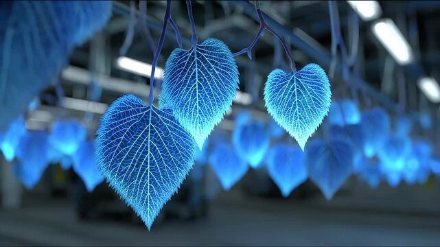 Futuristic green computing with holographic screens concept. Glowing blue heart shaped leaves with intricate veins in a futuristic indoor setting