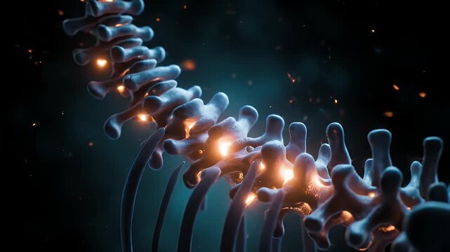 Animated Spine Model with Glowing Points in Dark Environment with Particle Effects for Medical