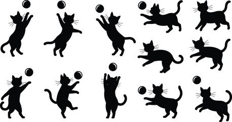 Cat silhouette icons, playful pet vector, black cat shapes, animal illustration, feline design motif, ball interaction poses, stock art collection © Enamul