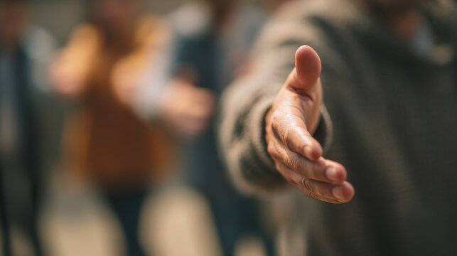 leadership  development nonprofits  volunteer concept. Close-up of an outstretched hand offering a handshake with blurred people in background