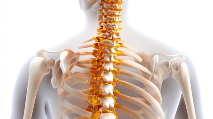 Fototapeta premium White skeleton with a yellow spine. The spine is curved and has a lot of detail. The skeleton is shown in a 3D format, giving it a sense of depth and realism. Concept of fragility and vulnerability