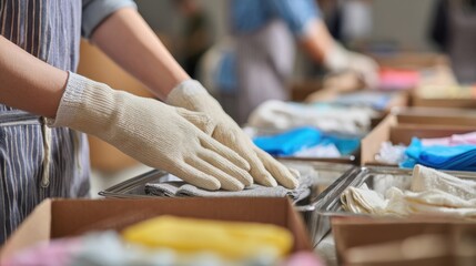Obraz premium leadership development nonprofits volunteer concept. Person sorting face masks wearing protective gloves