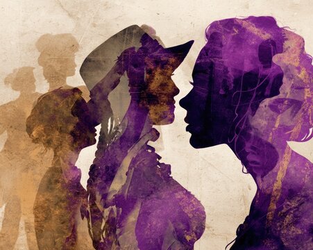 Digital collage of historical female figures silhouettes blending into modern women, sepia textures mixed with bright purple overlays, dynamic composition