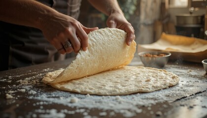 Man rolling out pizza dough on floured surface in kitchen with ingredients