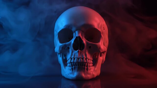 Human Skull Lit with Blue and Red Neon Lights with Smoke Effect Against a Dark Background