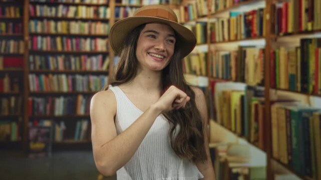 Young hispanic woman shows a friendly fist bump gesture in a library building lined with book shelves and warm light; solidarity.