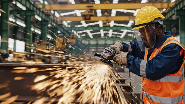 Worker using angle grinder in factory