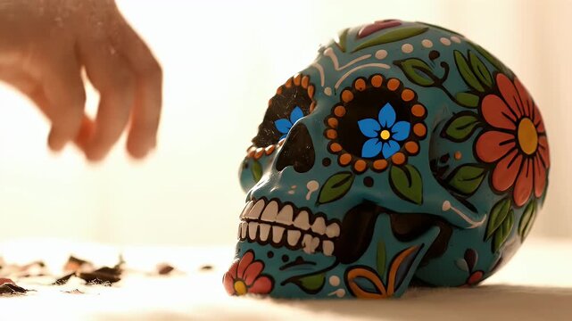 Ornate Sugar Skull Decoration For Day Of The Dead Celebration With Floral Motifs In A Close Up Shot