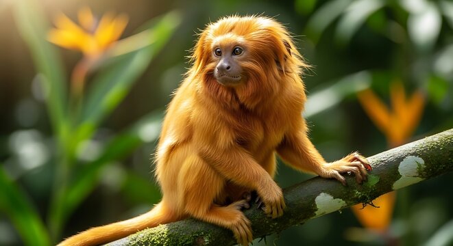 Golden Lion Tamarin Monkey Sitting on Branch.