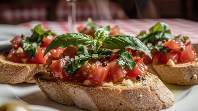 A plate of bruschetta topped with fresh basil and tomatoes
