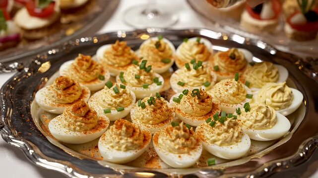 A plate of deviled eggs dusted with paprika and chives