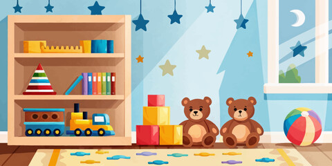 Obraz premium Charming and bright nursery interior illustration, featuring soft colors and a playful atmosphere for a baby's room.