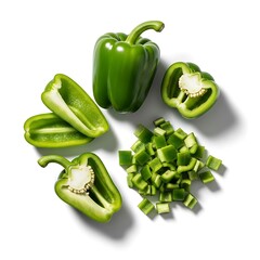 Whole and chopped green bell peppers arranged on a white background