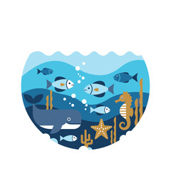 Fototapeta premium Cute flat design underwater marine life illustration