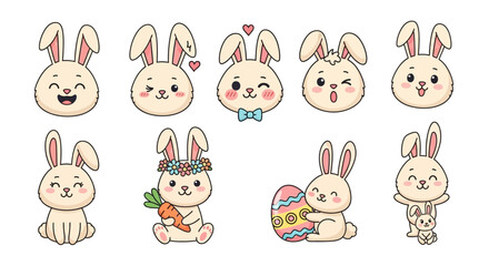 A set of cute cartoon rabbits and bunny faces in various expressions and poses, including some holding Easter eggs and carrots, against a clean white background with pastel colors.