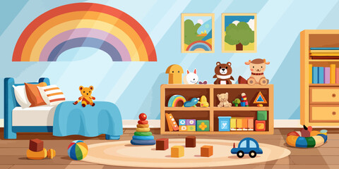 Obraz premium Imaginative kids bedroom interior featuring a striking rainbow wall and whimsical decor, a fun and creative vector design.