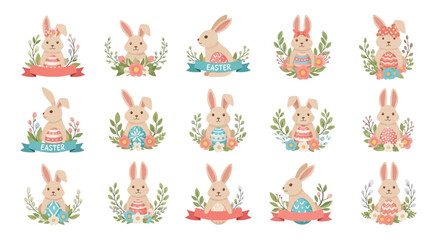 Flat design sticker icons of cute bunnies with Easter eggs and spring flowers on a white background, featuring pastel colors and floral patterns.