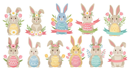Flat design illustration of ten cute bunnies and one blue bunny in various Easter-themed outfits with eggs and spring flowers on a white background.