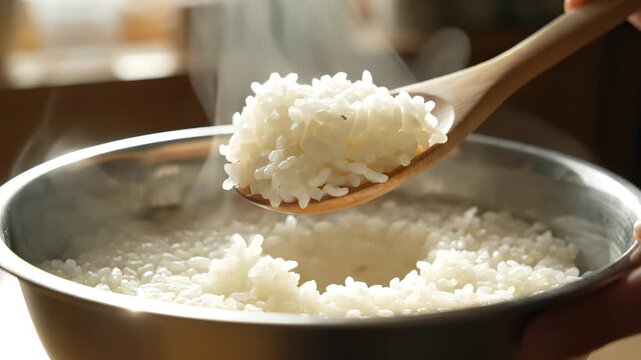 Steaming cooked white rice in bowl