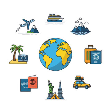 Flat design travel icons around the world globe