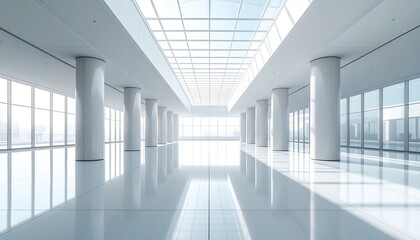 Fototapeta premium Modern bright empty office corridor with natural lighting and glass windows minimalist architecture clean design business space
