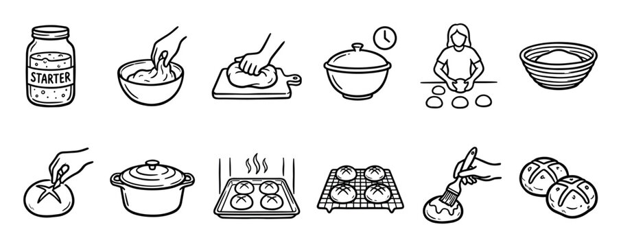 Black and white line art icons illustrating the step-by-step process of baking homemade sourdough hot cross buns, from starter and kneading to baking and glazing the finished bread