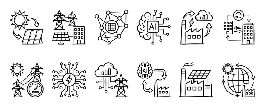 Hand-drawn smart energy and renewable technology icons set showing solar power, AI grid management, sustainable industry, and electricity distribution in a clean doodle line art style