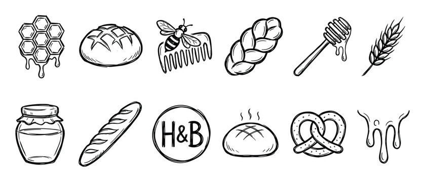 Collection of hand-drawn black and white icons featuring bakery and honey elements like bread, wheat, honeycomb, and a bee in a charming doodle sketch illustration style
